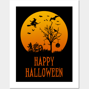 Happy Halloween Grim Reaper, Witch & Bats Posters and Art